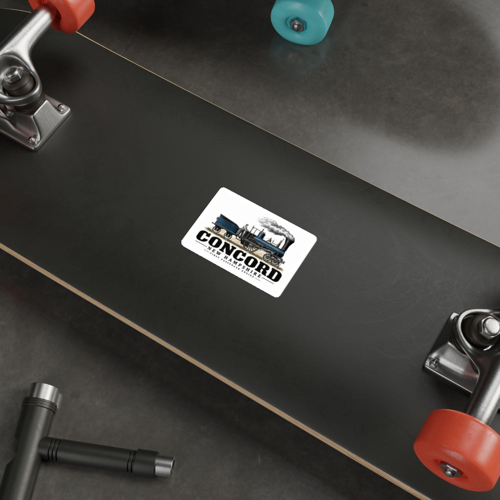 Skateboard display of First Passenger Engine white die-cut sticker, Concord, New Hampshire.