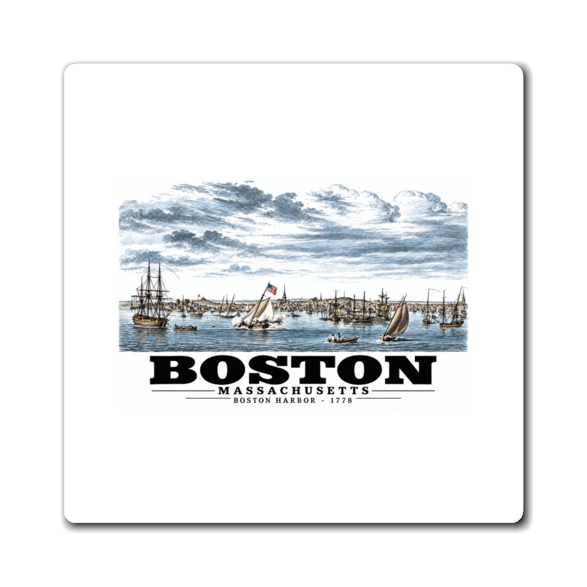White rectangular magnet showing Boston Harbor waterfront scene with sailing ships artwork and Boston lettering