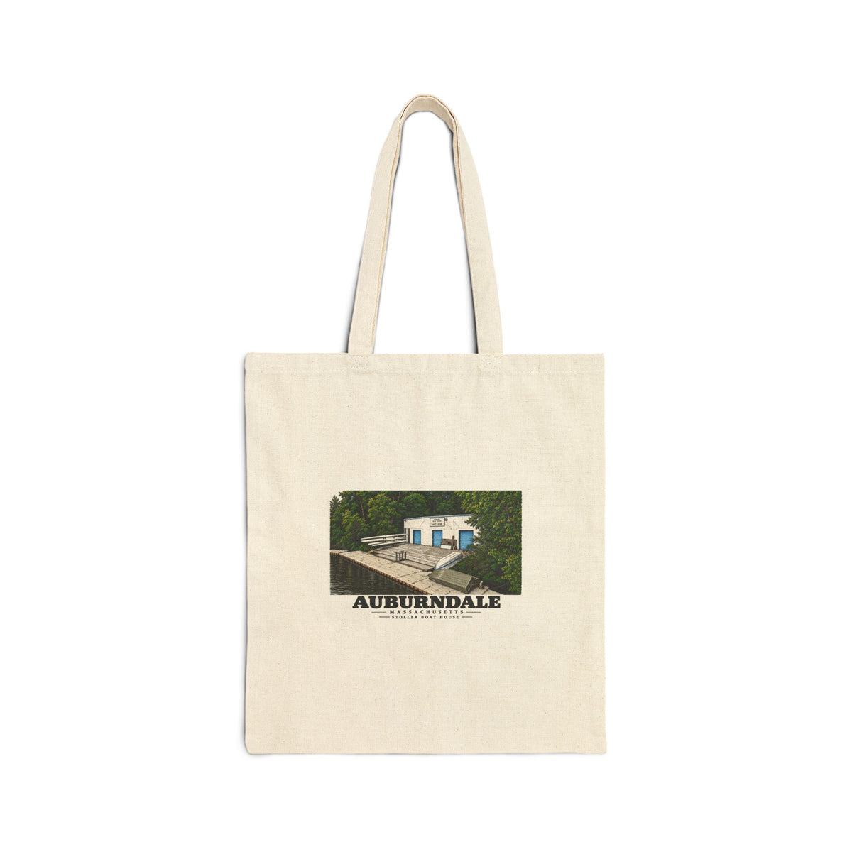 Front view of the natural cotton canvas tote with Auburndale Stoller Boathouse artwork.