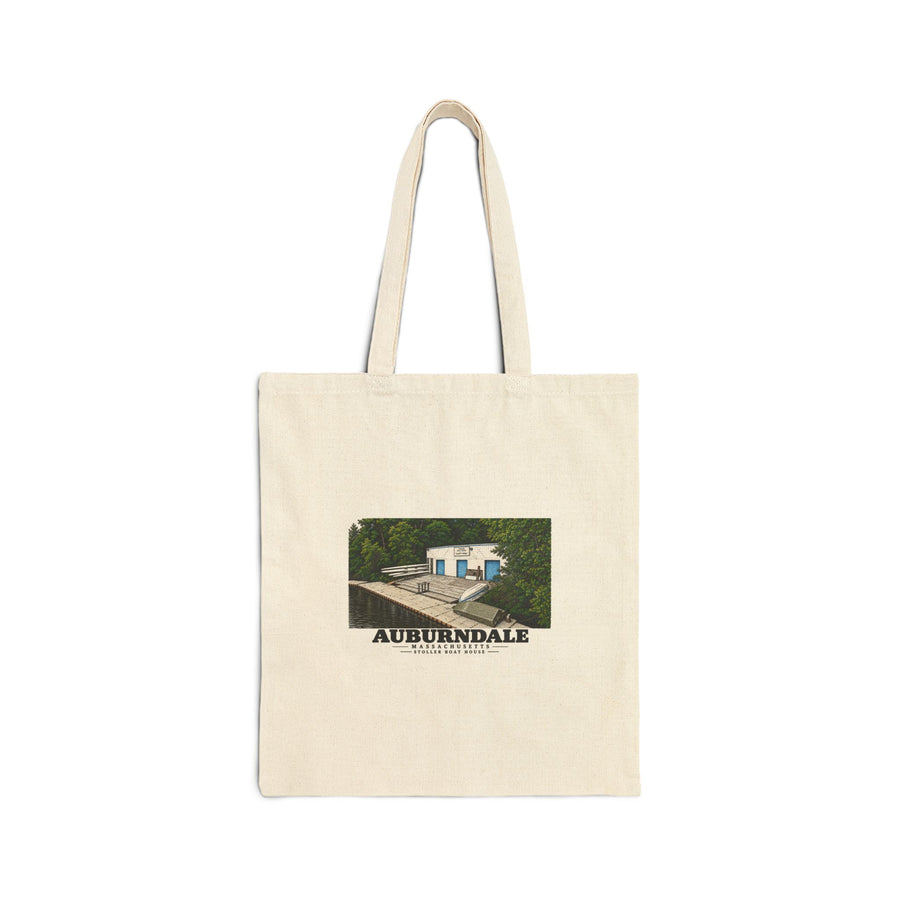 Front view of the natural cotton canvas tote with Auburndale Stoller Boathouse artwork.