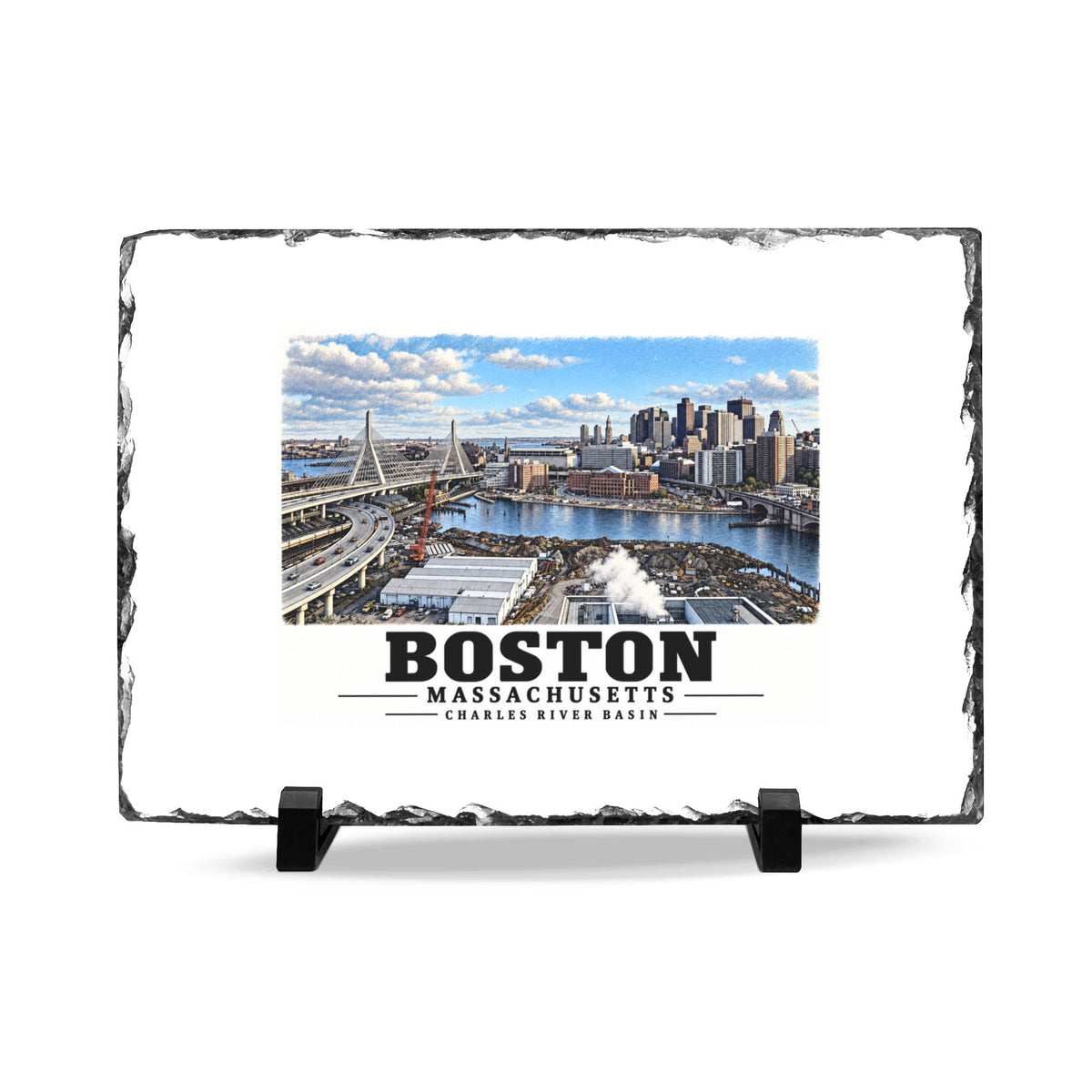 Rough-edged slate display on two black stands with Boston skyline, cable-stayed bridge and Charles River basin artwork and Boston lettering