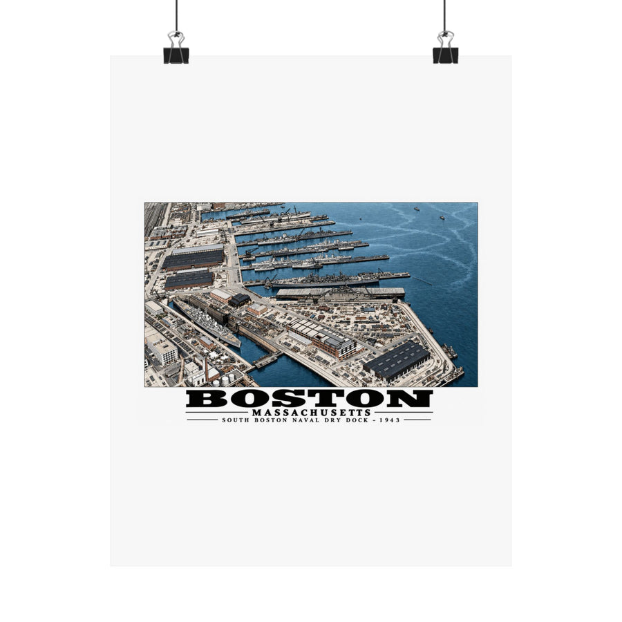 Aerial view of US Naval Dry Dock-BB-61 USS IOWA in dry dock #3-USS BUNKER HILL at East Jetty-AP-21 USS WAKEFIELD at pier Matte Heritage Poster — 11 × 14 and 18 × 24 in - Boston Harbor