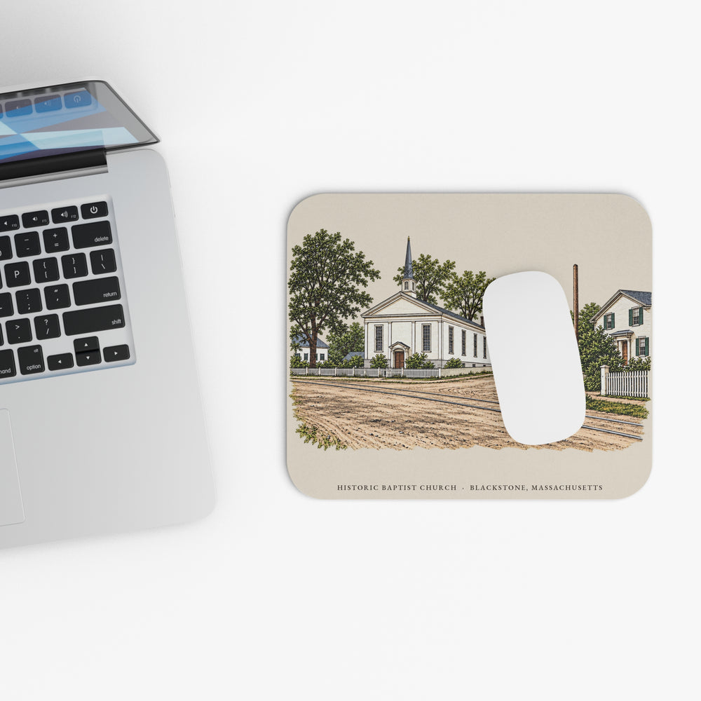 Blackstone Historic Baptist Church / Streetscape mouse pad mockup showing the full illustrated print