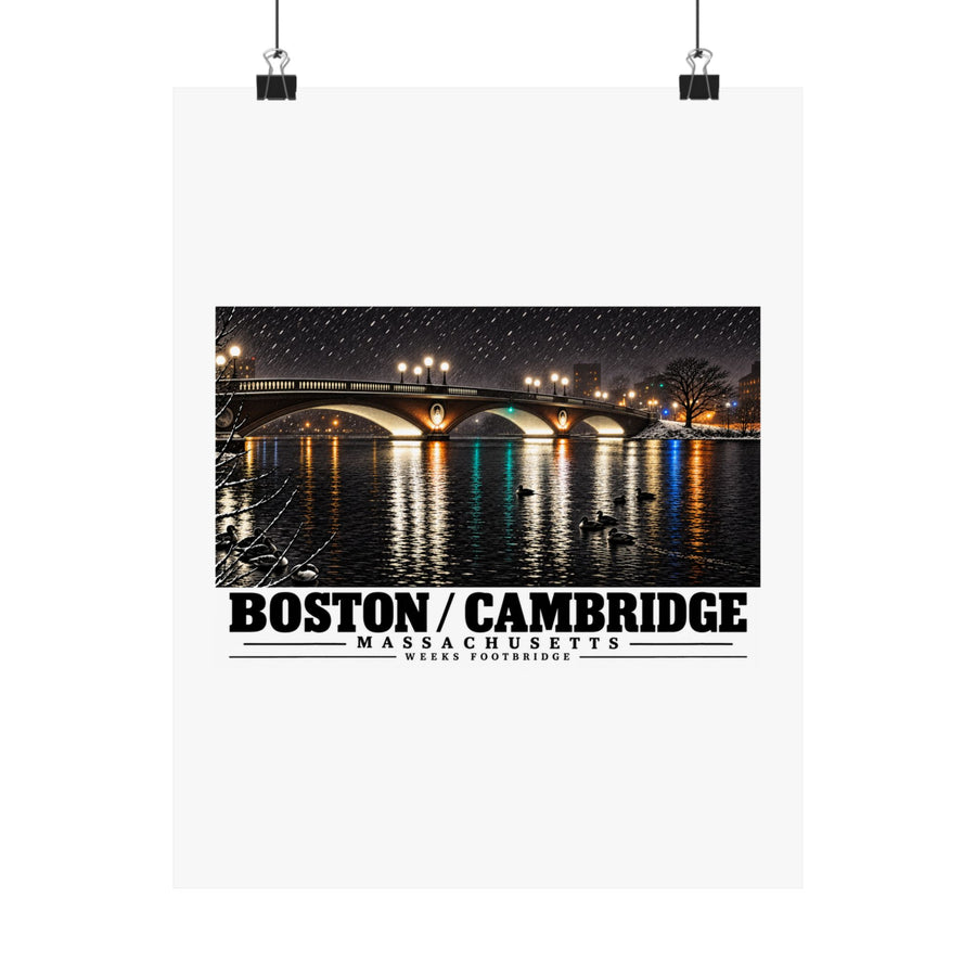 Weeks Footbridge illuminated night view with water reflections poster with Boston/Cambridge lettering hanging from two binder clips