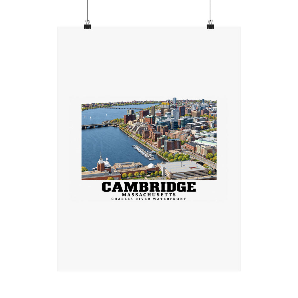 Cambridge Charles River waterfront aerial city view poster with Cambridge lettering hanging from two binder clips