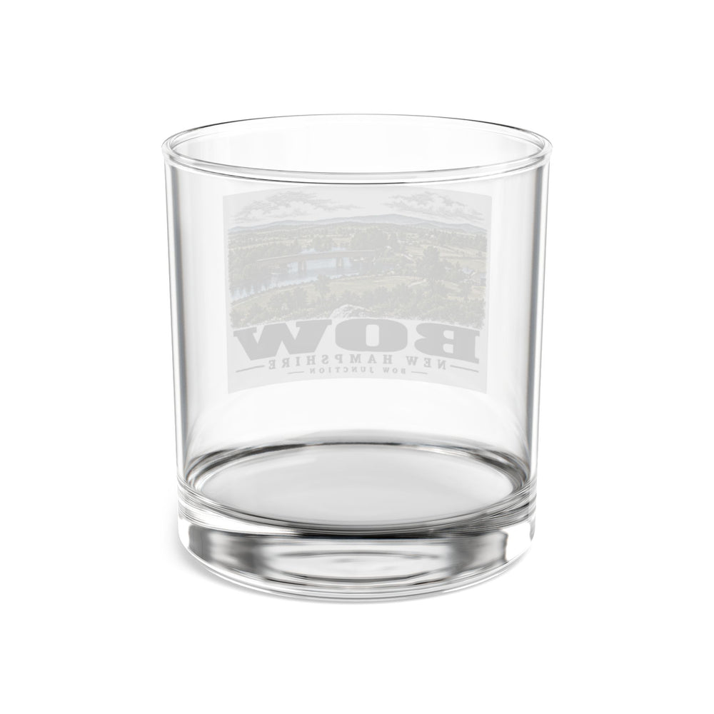 Merrimack River and covered railroad bridge at Bow Junction, Bow illustration on 10 oz rocks glass — rear view through clear glass