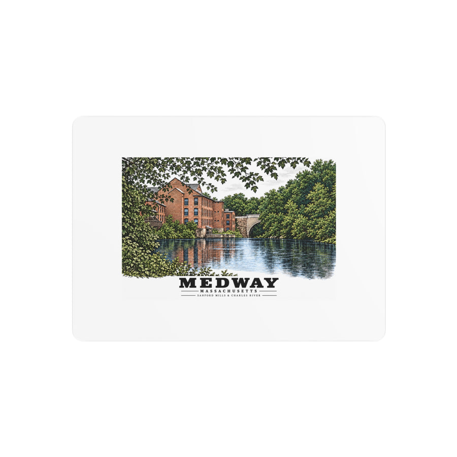 Sanford Mills and Sanford Street Bridge, Charles River, Medway village 7 × 5 in Horizontal Metal Wall Art - Charles River