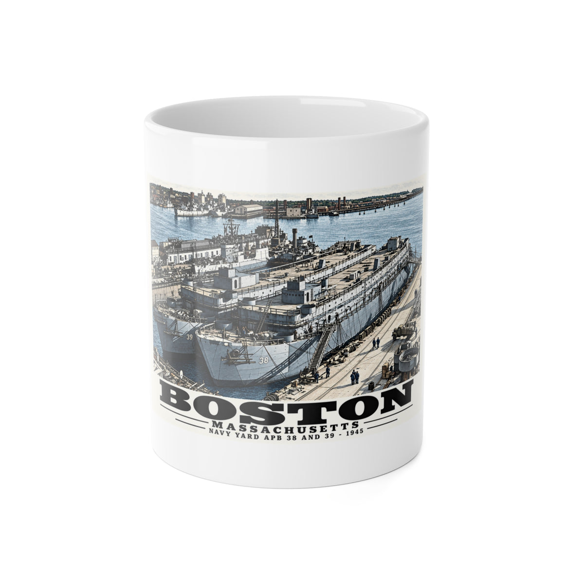 Illustrated APB-38 and APB-39 at Boston Navy Yard in Charlestown on ceramic mug