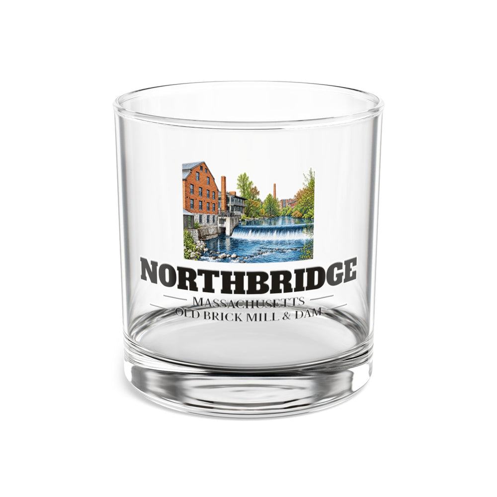 Front view of the Northbridge Old Brick Mill and Mumford River Dam artwork printed on a clear 10 oz rocks glass