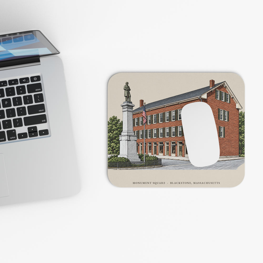 Blackstone Monument Square / Blackstone Block mouse pad mockup showing the full illustrated print