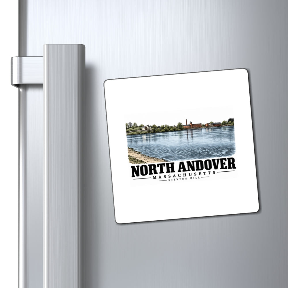 Refrigerator display of Stevens Mill square magnet, with North Andover, Massachusetts artwork and lettering.