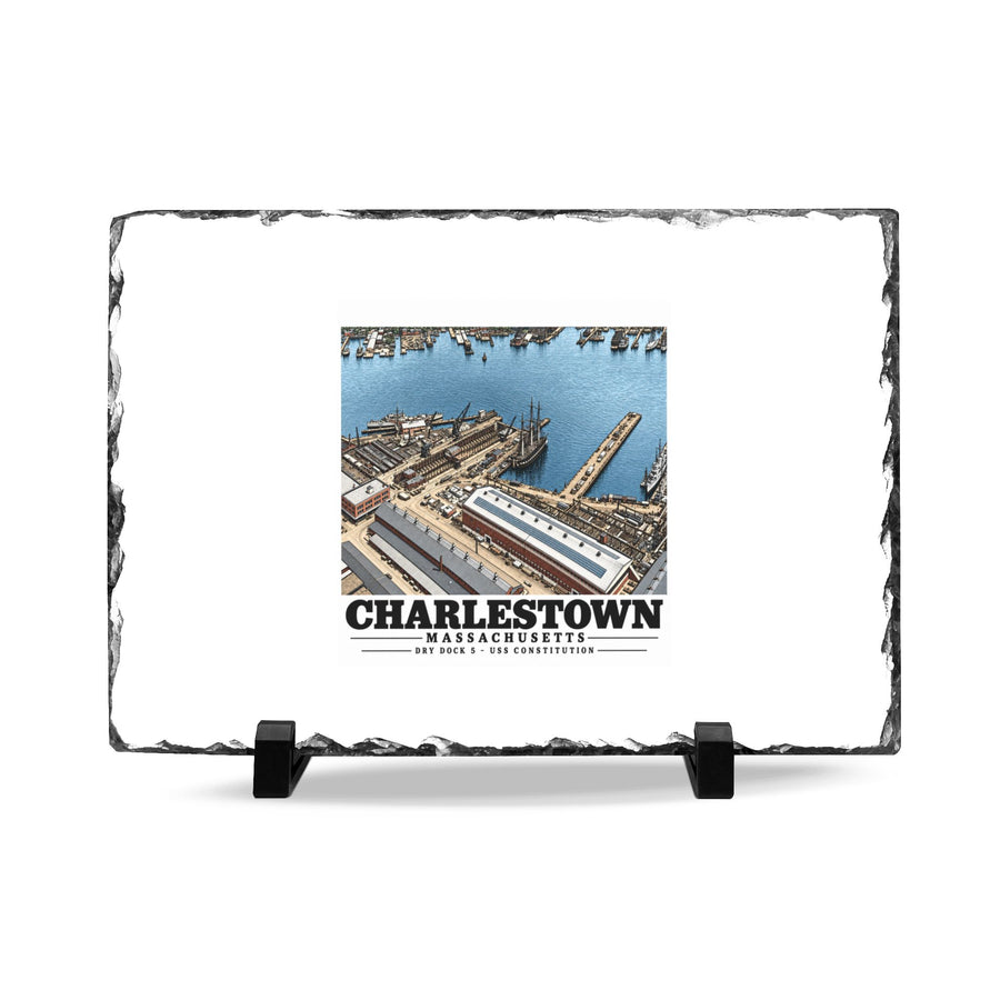 Illustrated Dry Dock 5 and Constitution Pier in Charlestown on slate desk plaque
