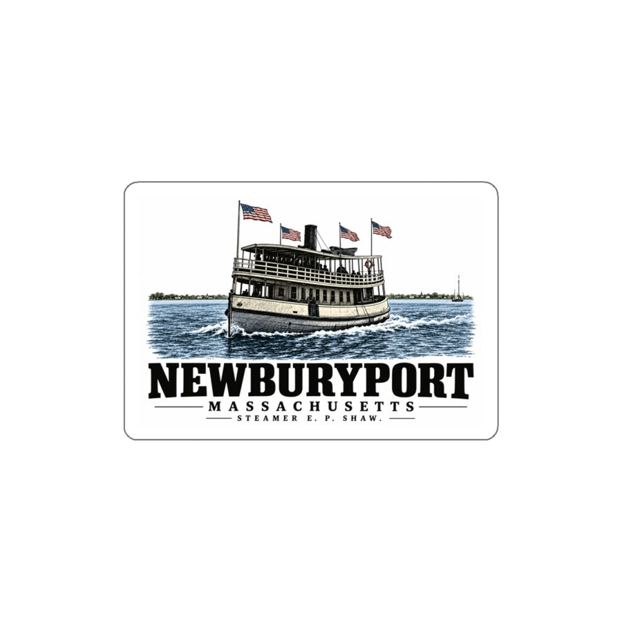 Front of Steamer E. P. Shaw white die-cut sticker, with Newburyport, Massachusetts artwork and lettering.