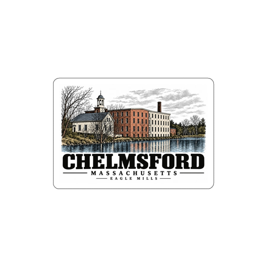 Front of Eagle Mills white die-cut sticker, with Chelmsford, Massachusetts artwork and lettering.