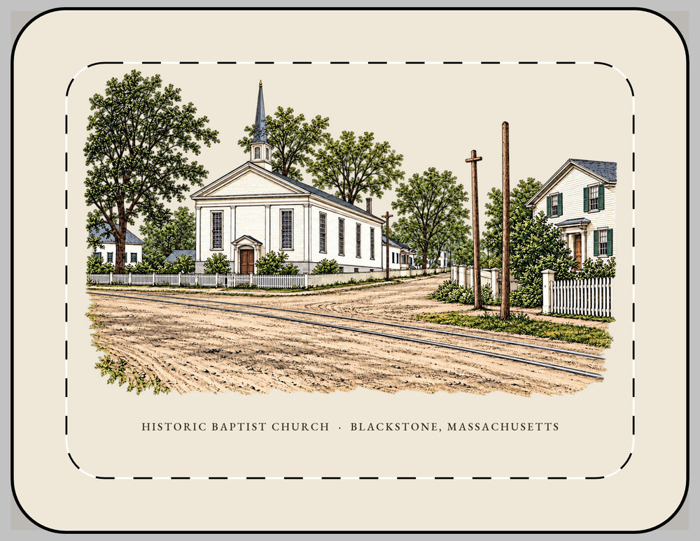 Blackstone Historic Baptist Church / Streetscape 13-inch laptop sleeve mockup showing the full illustrated print