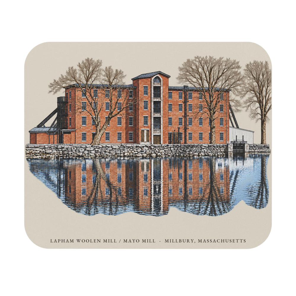Millbury Lapham Woolen Mill / Mayo Mill mouse pad mockup showing the full illustrated print
