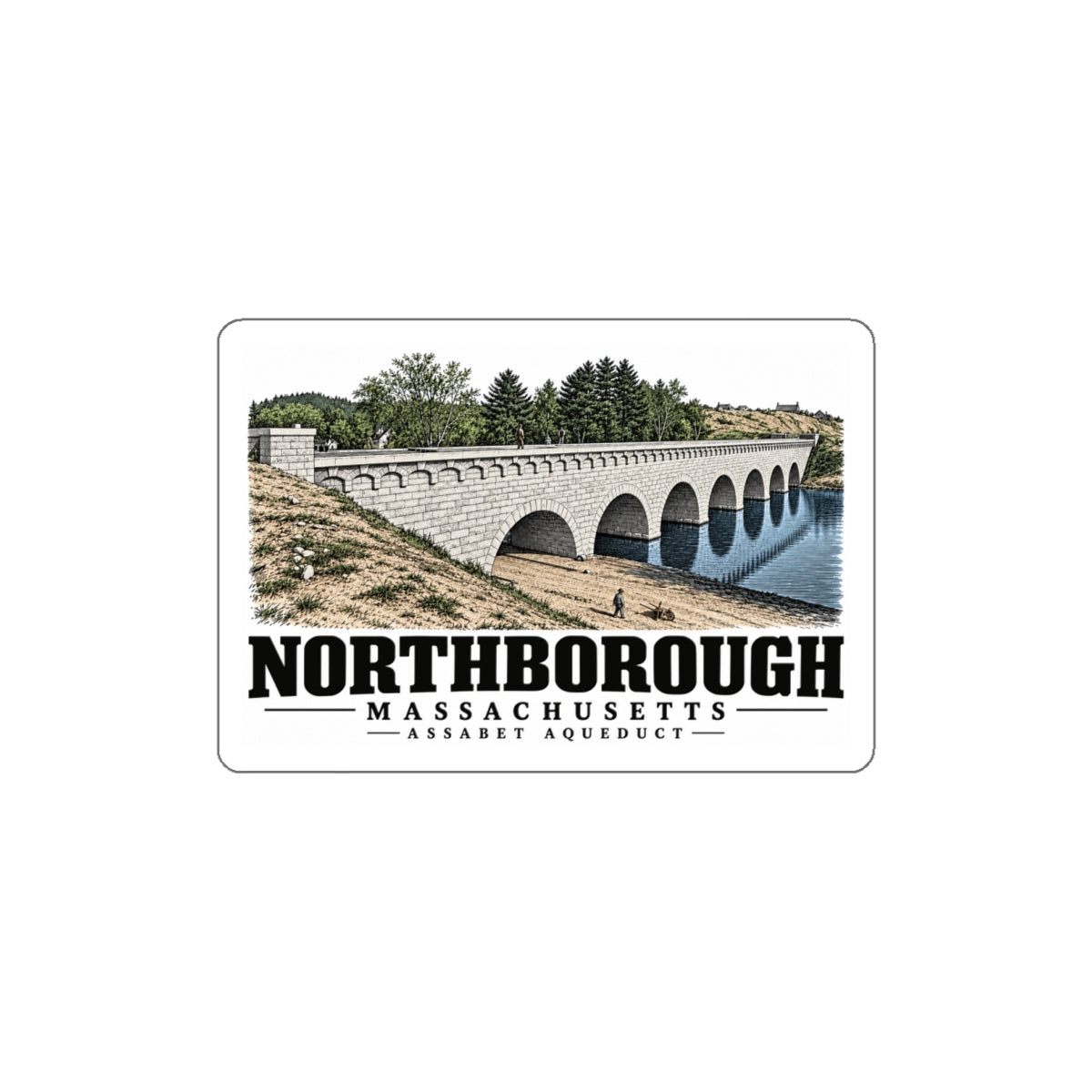 Illustrated Assabet Aqueduct in Northborough on die-cut sticker