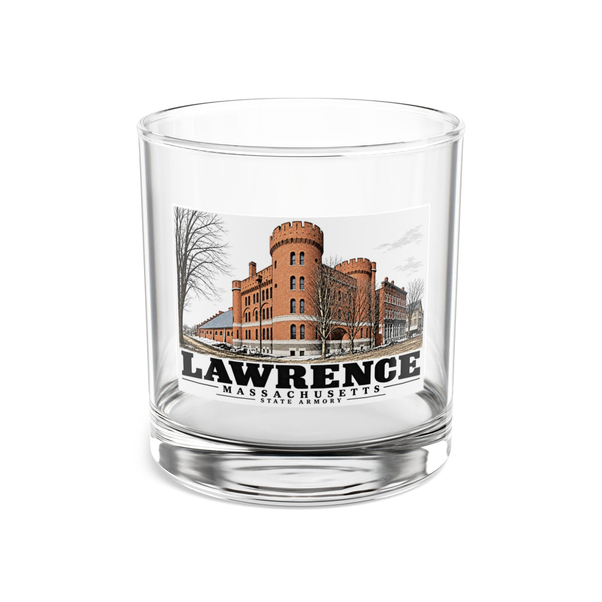 Illustrated State Armory in Lawrence on rocks glass