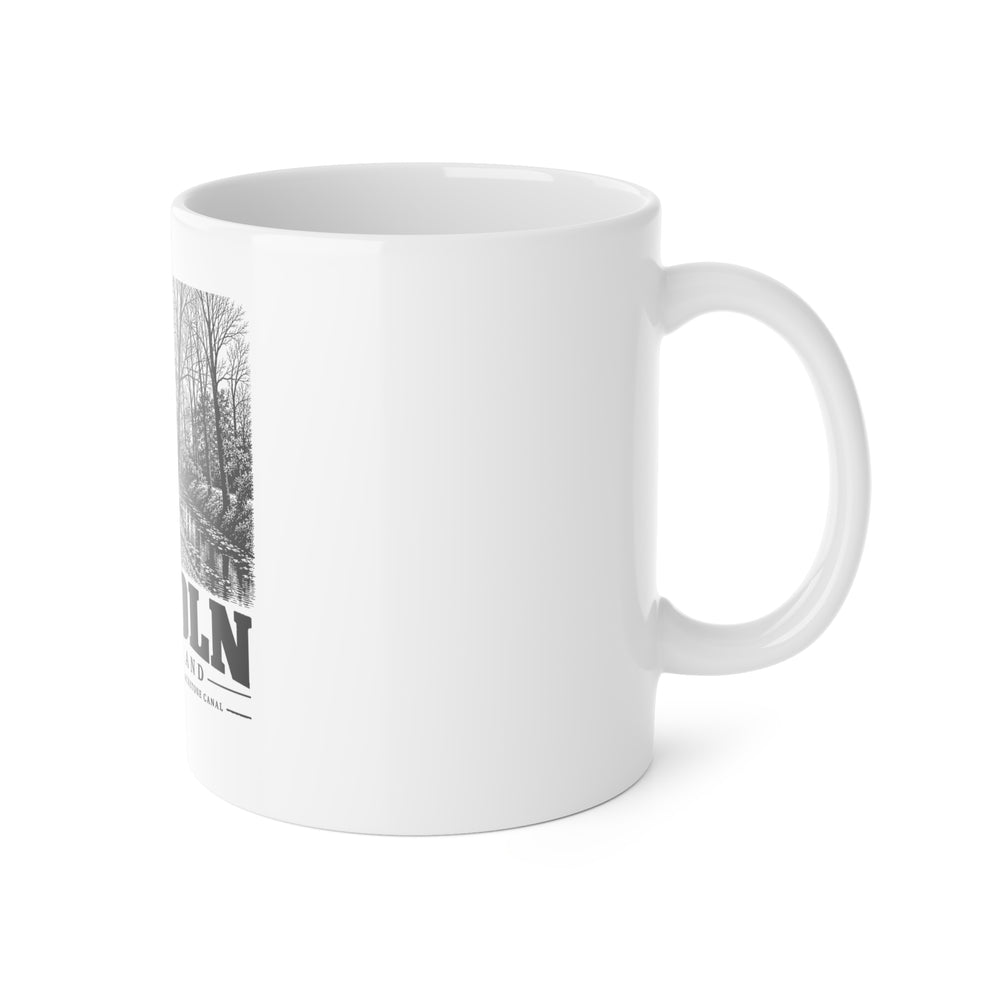 Right side of Lincoln, Rhode Island — Old Ashton Kelly House and Blackstone Canal ceramic mug showing the handle and edge of the print