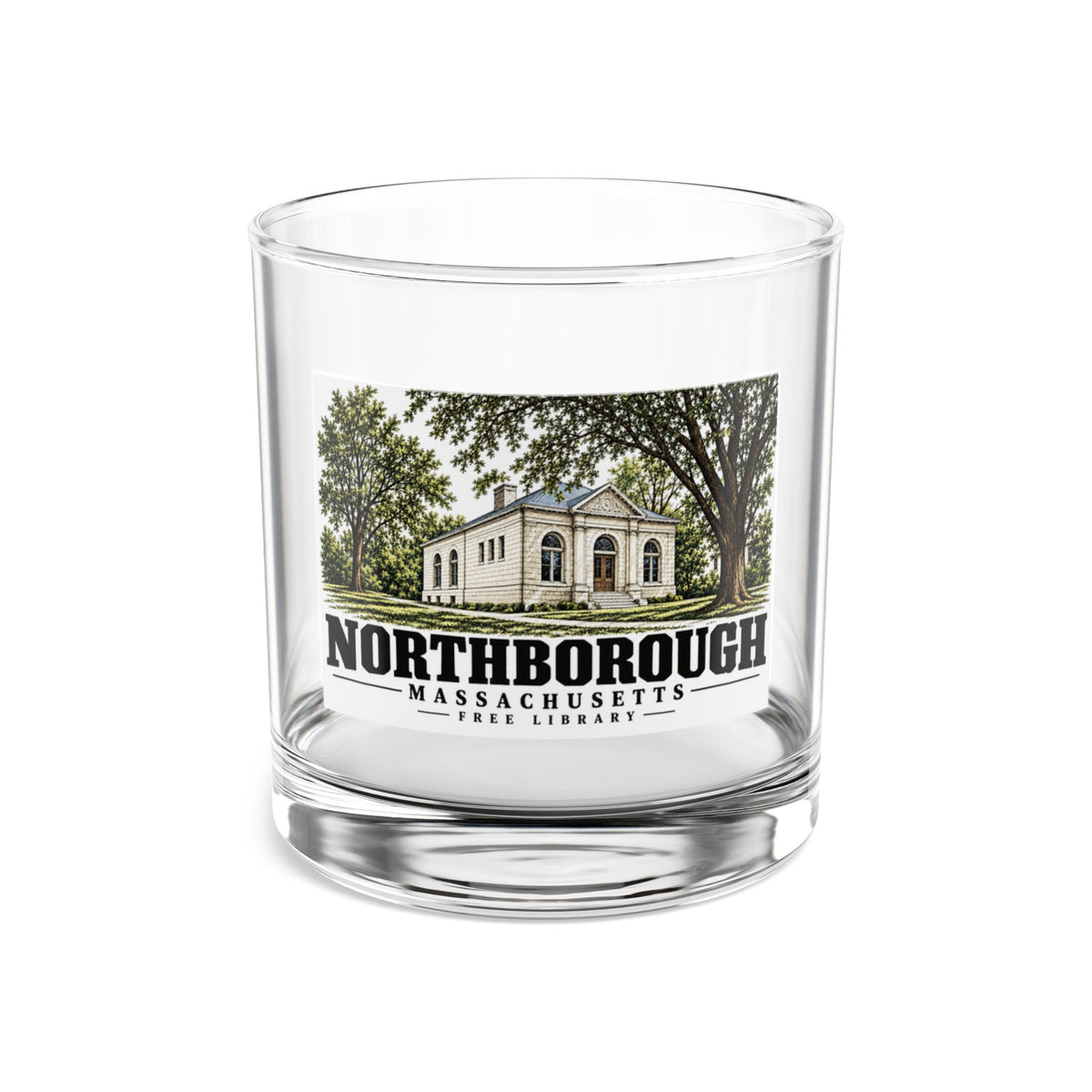 Illustrated Free Library in Northborough on rocks glass