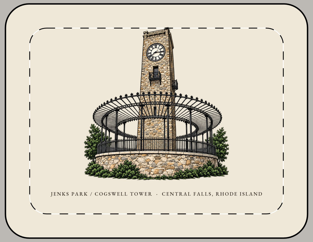 Central Falls Jenks Park / Cogswell Tower 15-inch laptop sleeve mockup showing the full illustrated print