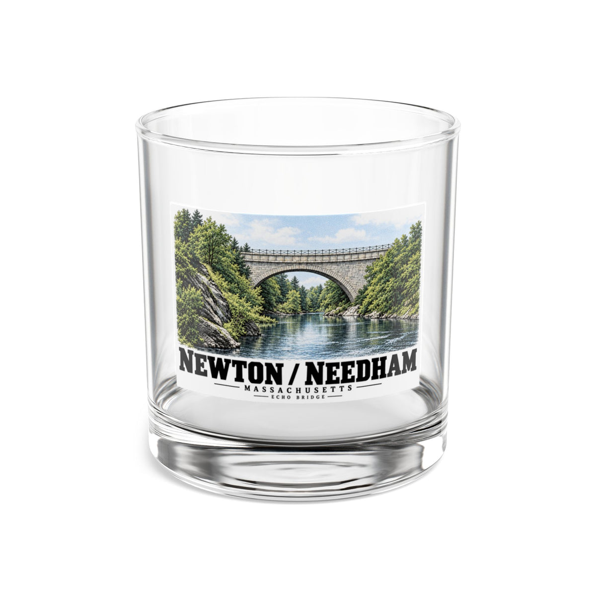 Clear rocks glass front with Echo Bridge artwork showing a stone arch over a river and trees, with Newton/Needham lettering.