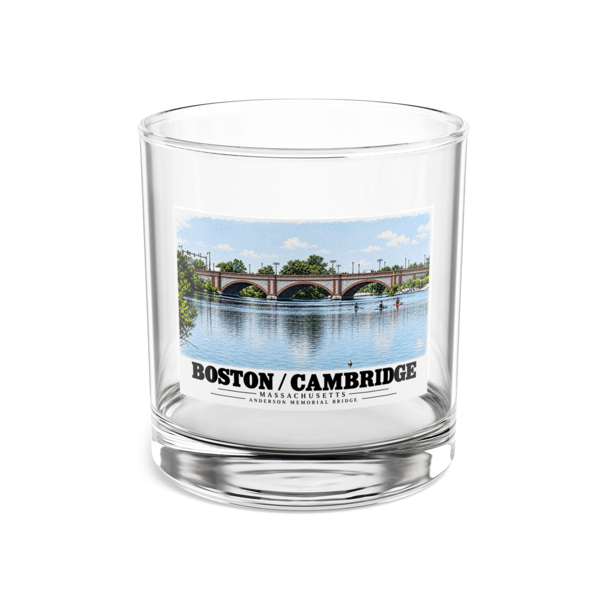 Clear rocks glass showing Anderson Memorial Bridge and scullers artwork and Boston/Cambridge lettering