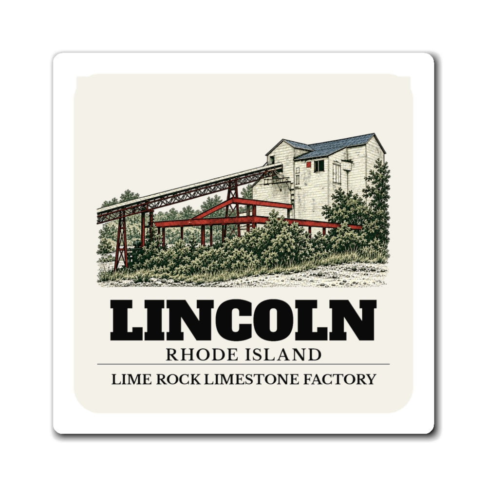 Lincoln Lime Rock Limestone Factory 4 inch magnet shown on a refrigerator