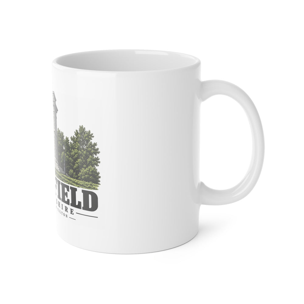 Right-handle side view of Memorial Arch of Tilton white ceramic mug, Northfield, New Hampshire.