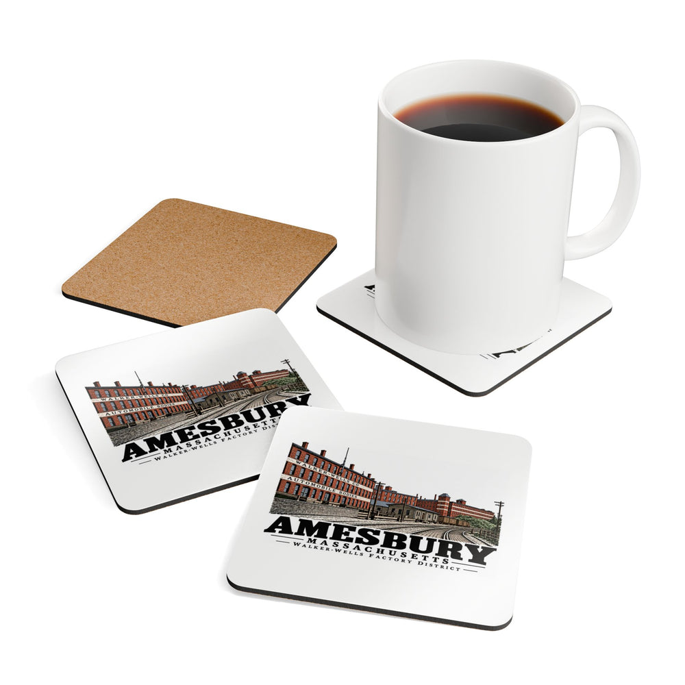 Tabletop display with coffee mug prop of Walker-Wells Factory District square cork-backed coaster set, Amesbury, Massachusetts.