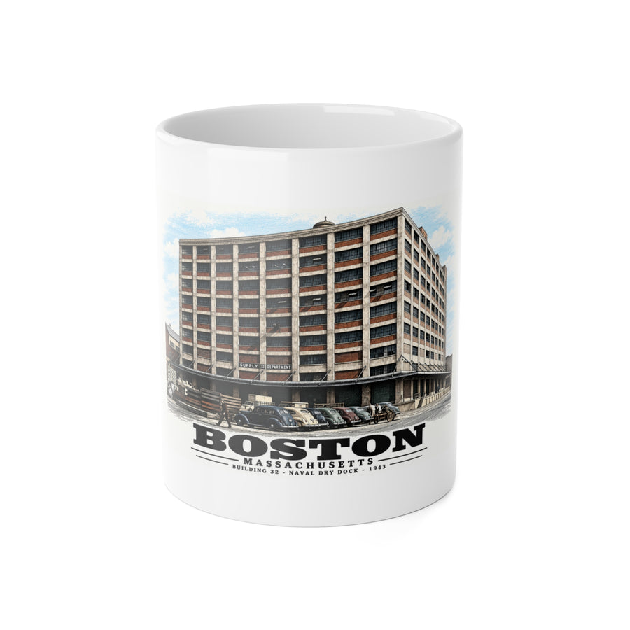 Building #32 US Naval Dry Dock, South Boston, Completed 3/1943 11 oz White Ceramic Mug - Boston Harbor