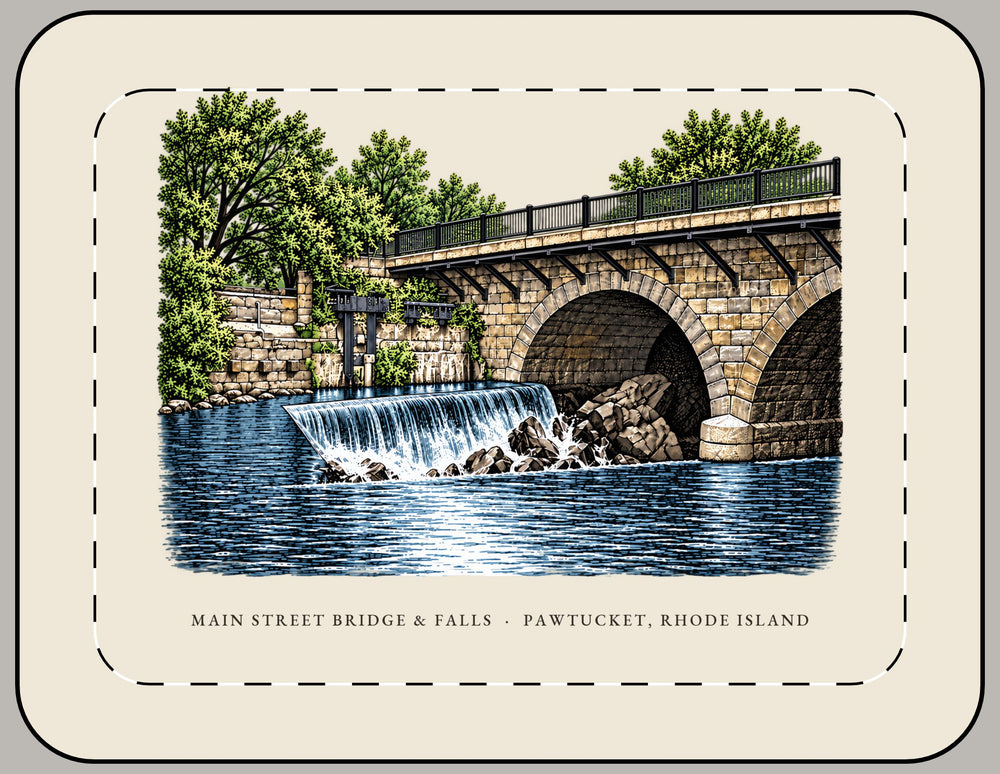Pawtucket Main Street Stone-Arch Bridge and Falls 15-inch laptop sleeve mockup showing the full illustrated print