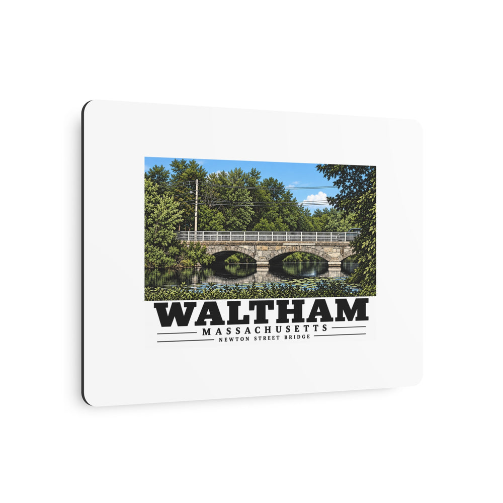 Angled front view of the Waltham Newton Street Bridge metal art sign.