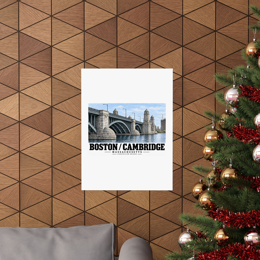 Longfellow Bridge poster on a wood-patterned wall beside a decorated evergreen.