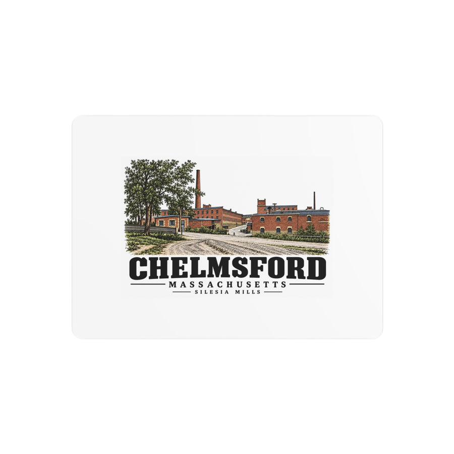 Front of Silesia Mills metal wall art, with Chelmsford, Massachusetts artwork and lettering.