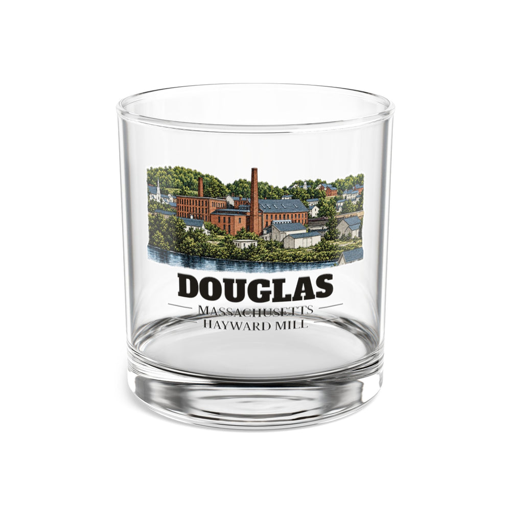 Front view of the Douglas Hayward Mill artwork printed on a clear 10 oz rocks glass