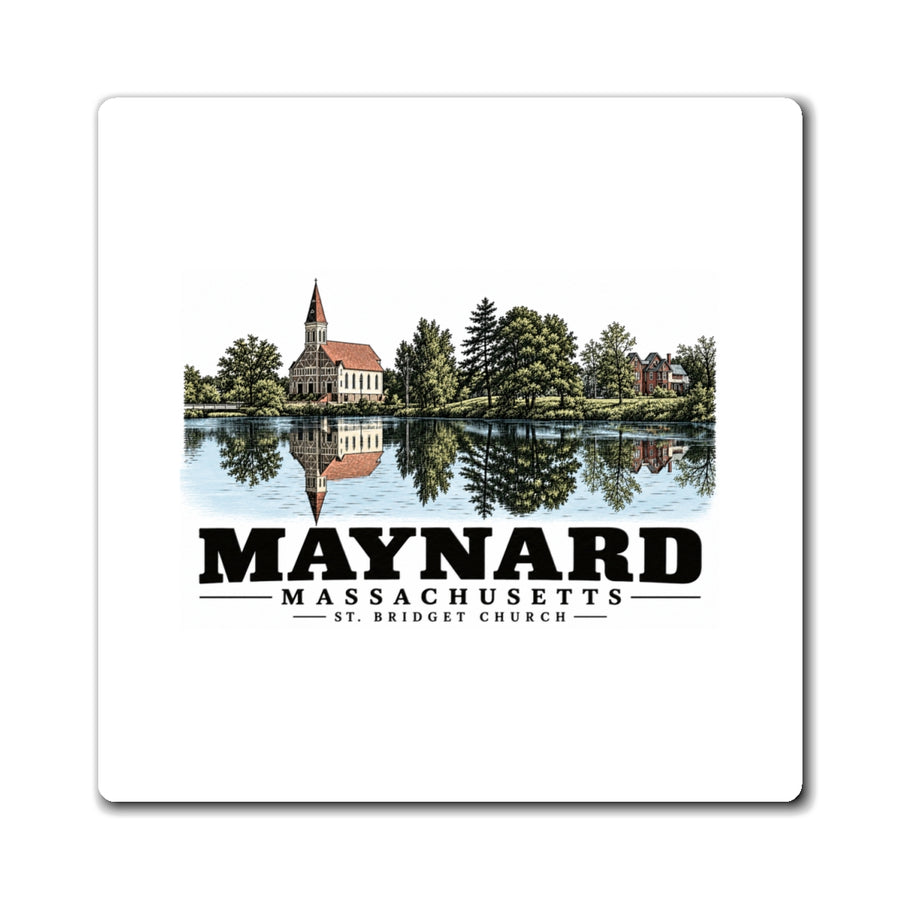 Illustrated St. Bridget Church in Maynard on square magnet