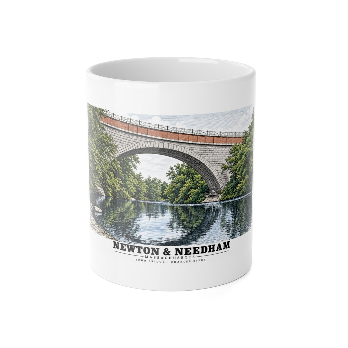 Echo Bridge, Hemlock Gorge, Upper Falls; Charles River and Ellis Street 11 oz White Ceramic Mug - Charles River