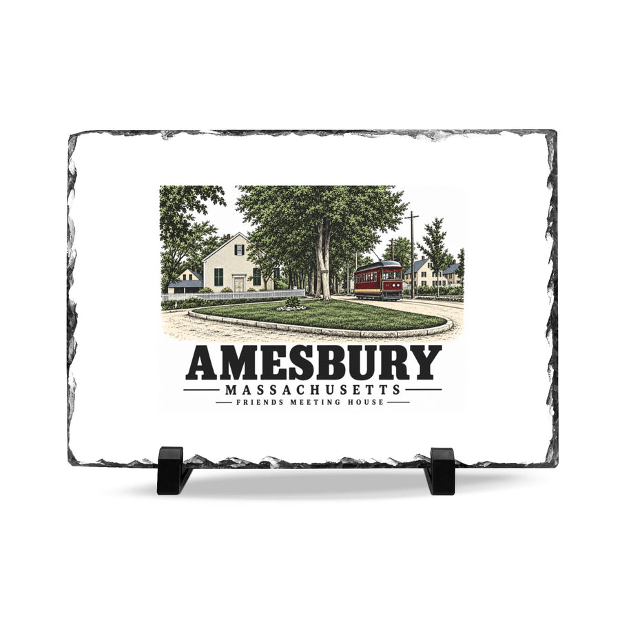 Front on display stands of Friends Meeting House slate desk plaque, with Amesbury, Massachusetts artwork and lettering.