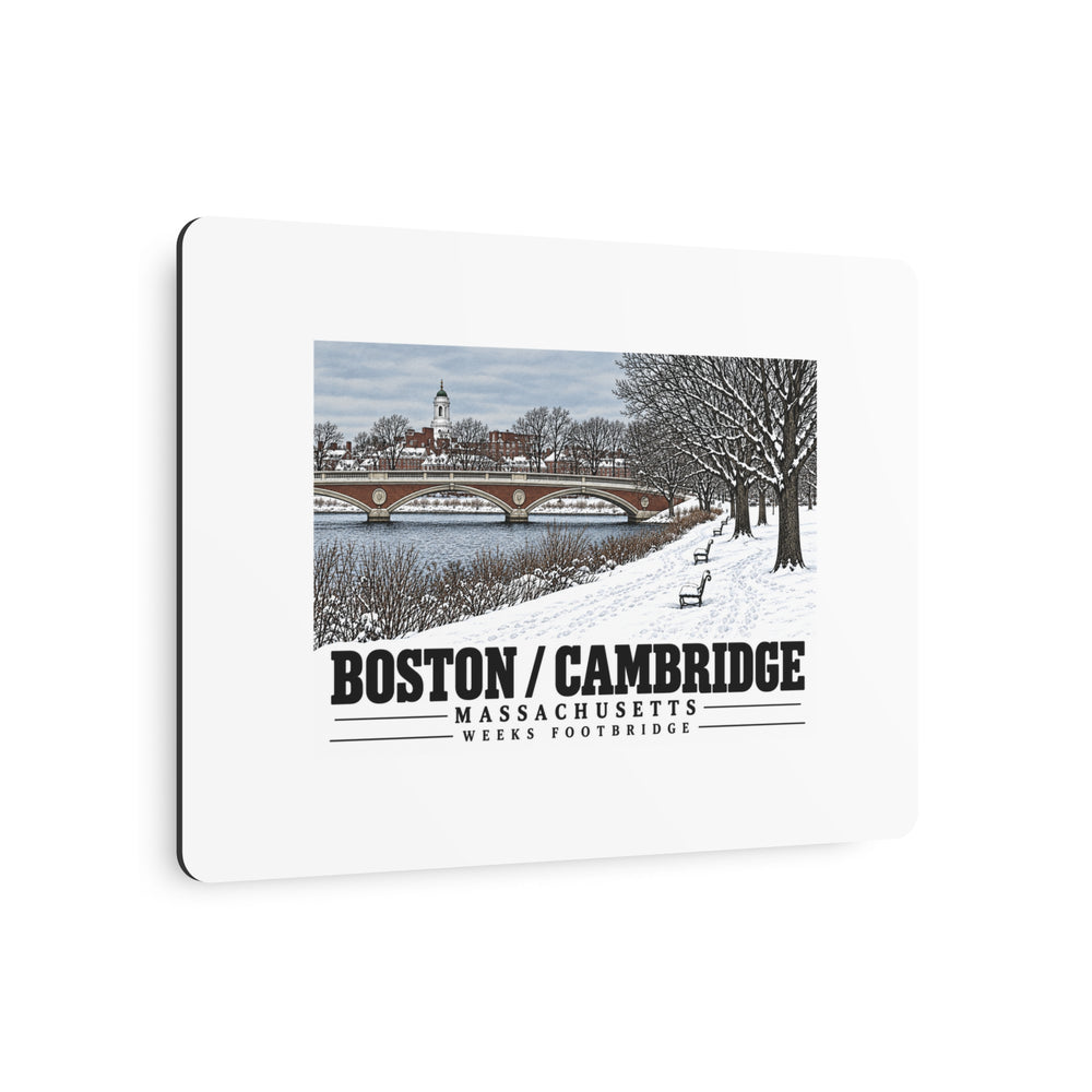 Angled view of Weeks Footbridge winter riverbank view with snow and benches metal print with its dark edge visible