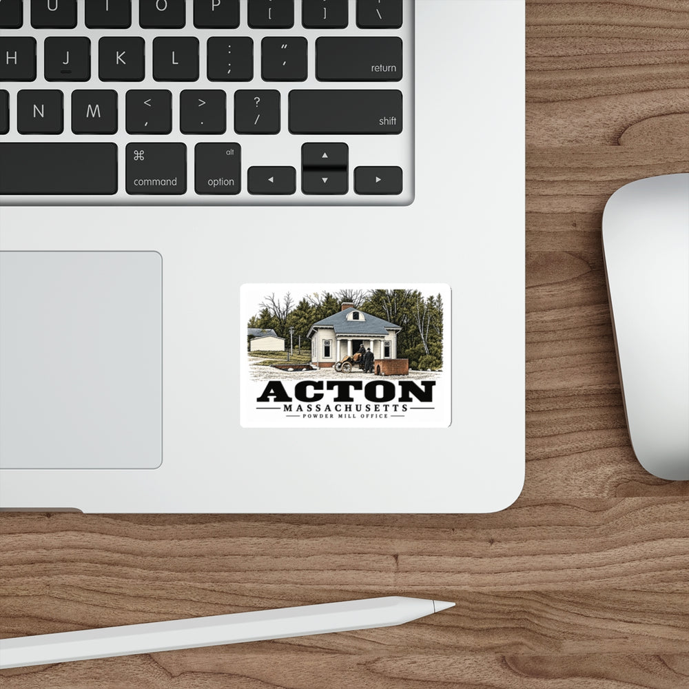 Illustrated Powder Mill Office in Acton on die-cut sticker