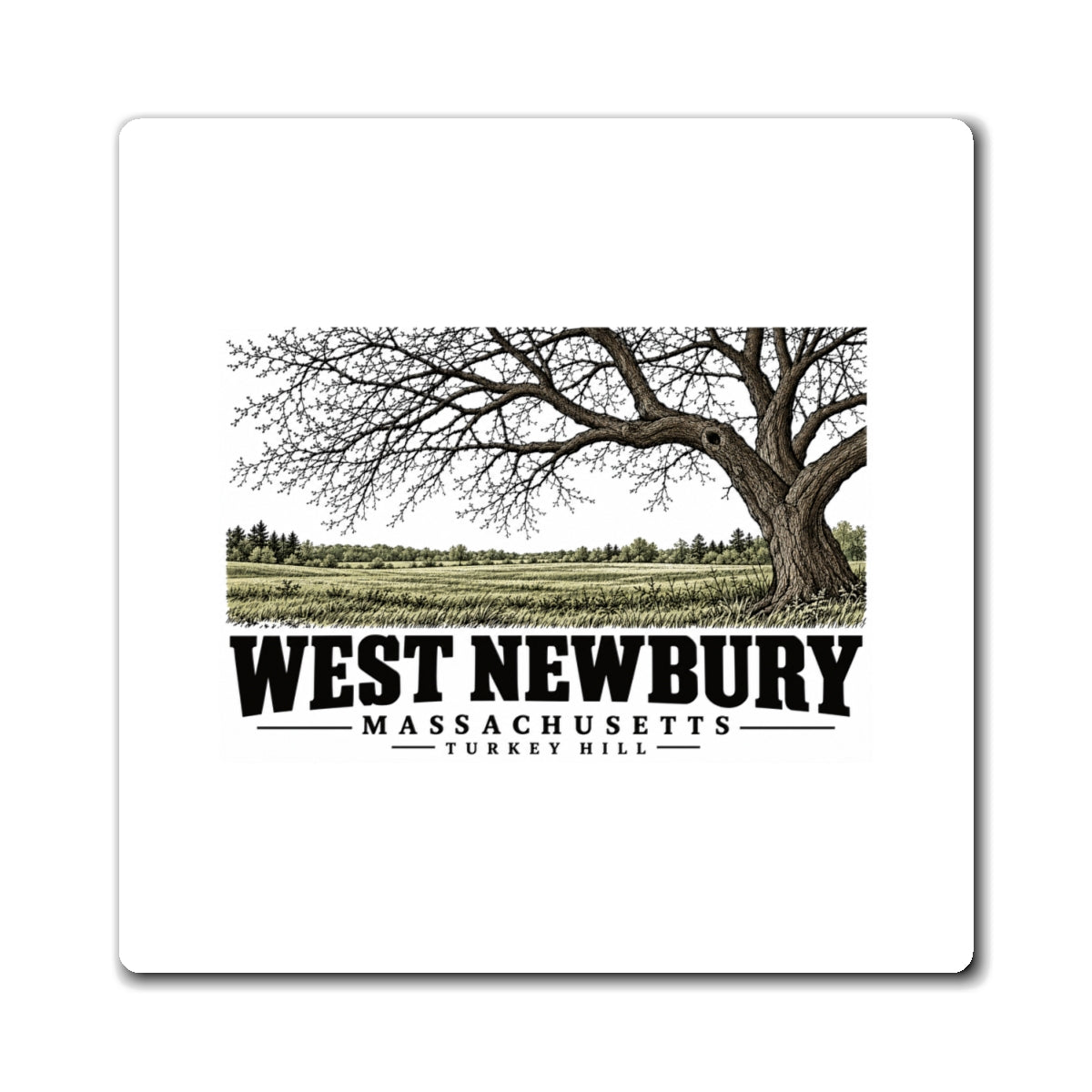 Front of Turkey Hill square magnet, with West Newbury, Massachusetts artwork and lettering.