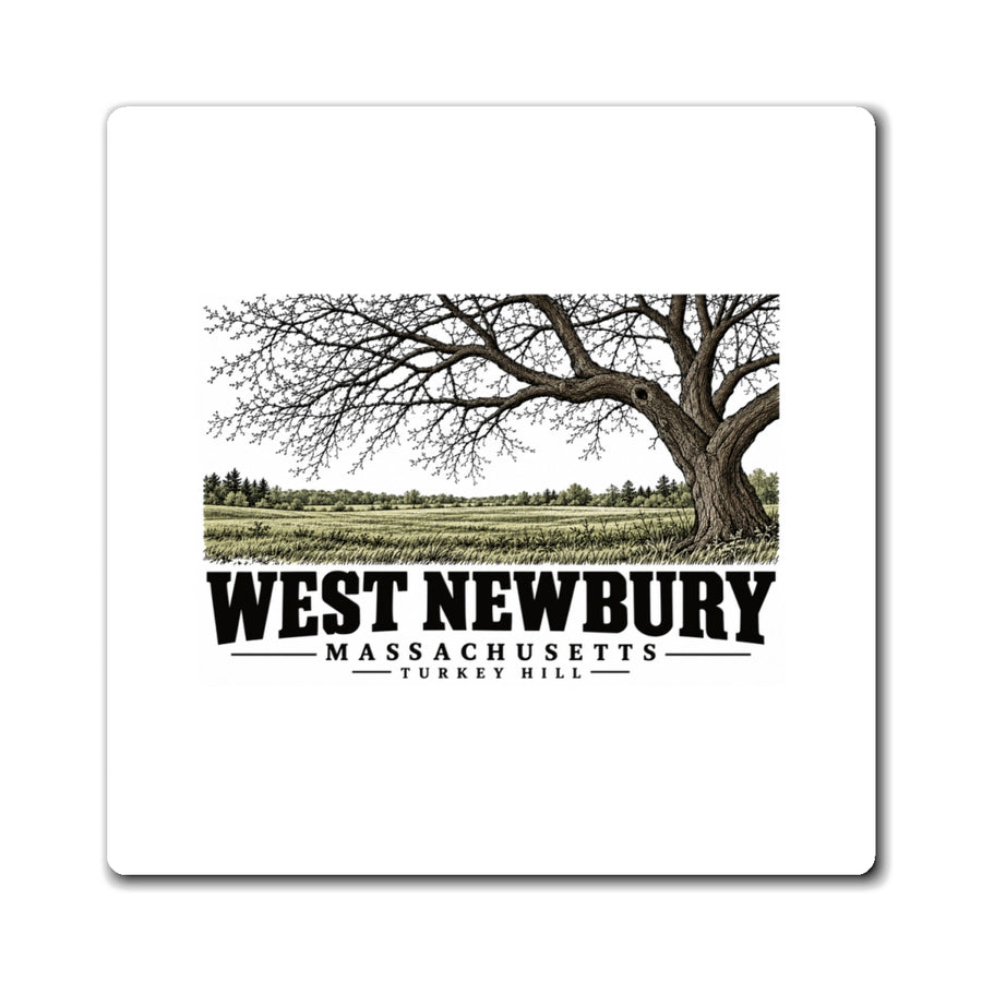 Front of Turkey Hill square magnet, with West Newbury, Massachusetts artwork and lettering.