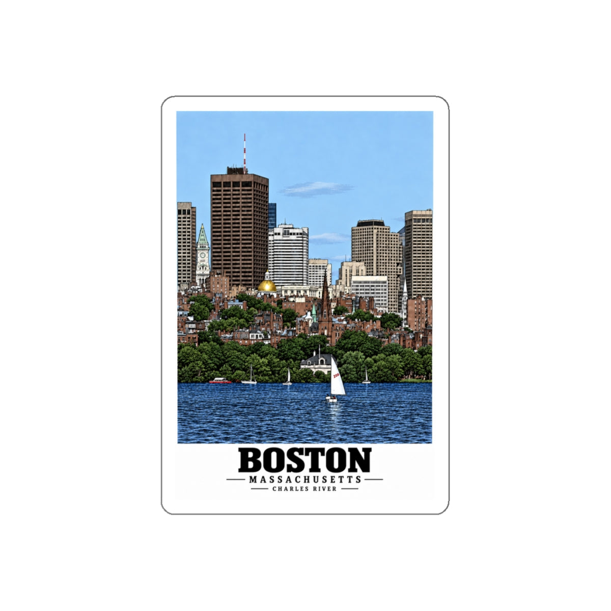 Illustrated View of Boston, Massachusetts, from the Charles River in Boston and Cambridge on die-cut sticker