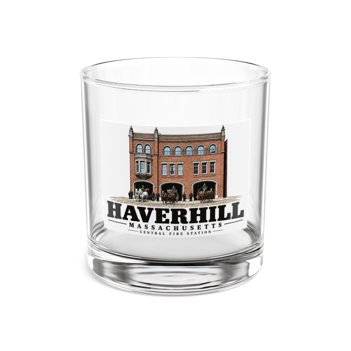 Front of Central Fire Station rocks glass, with Haverhill, Massachusetts artwork and lettering.