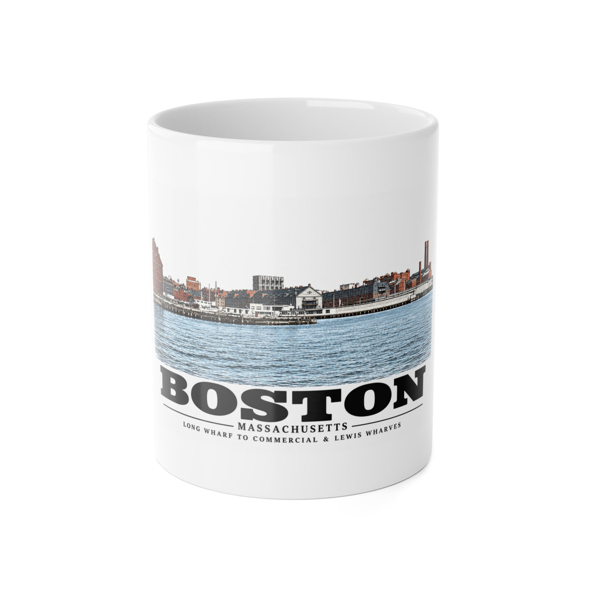Long Wharf left to Commercial and Lewis right 11 oz White Ceramic Mug - Boston Harbor