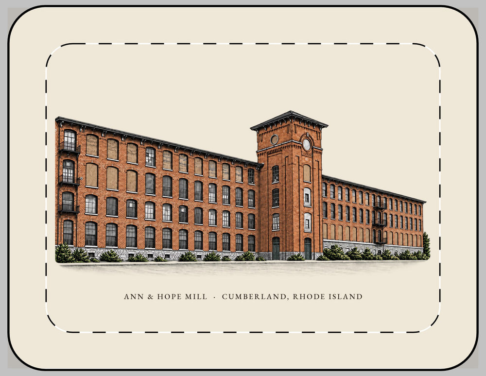 Cumberland Ann & Hope Mill 13-inch laptop sleeve mockup showing the full illustrated print