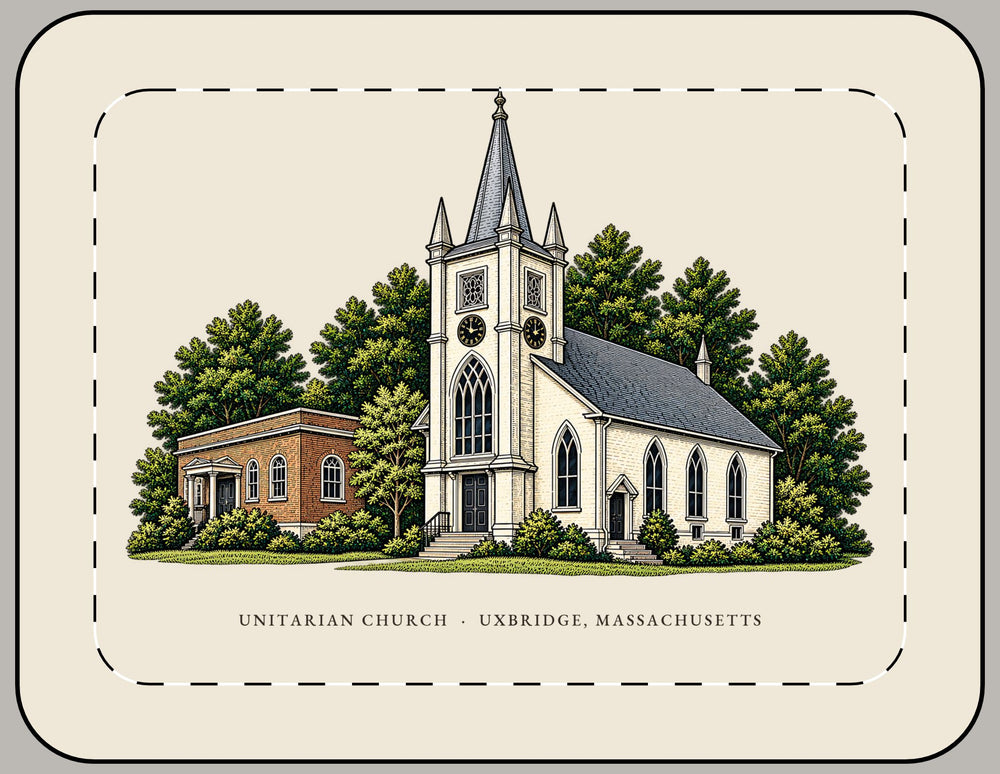 Uxbridge Unitarian Church 15-inch laptop sleeve mockup showing the full illustrated print