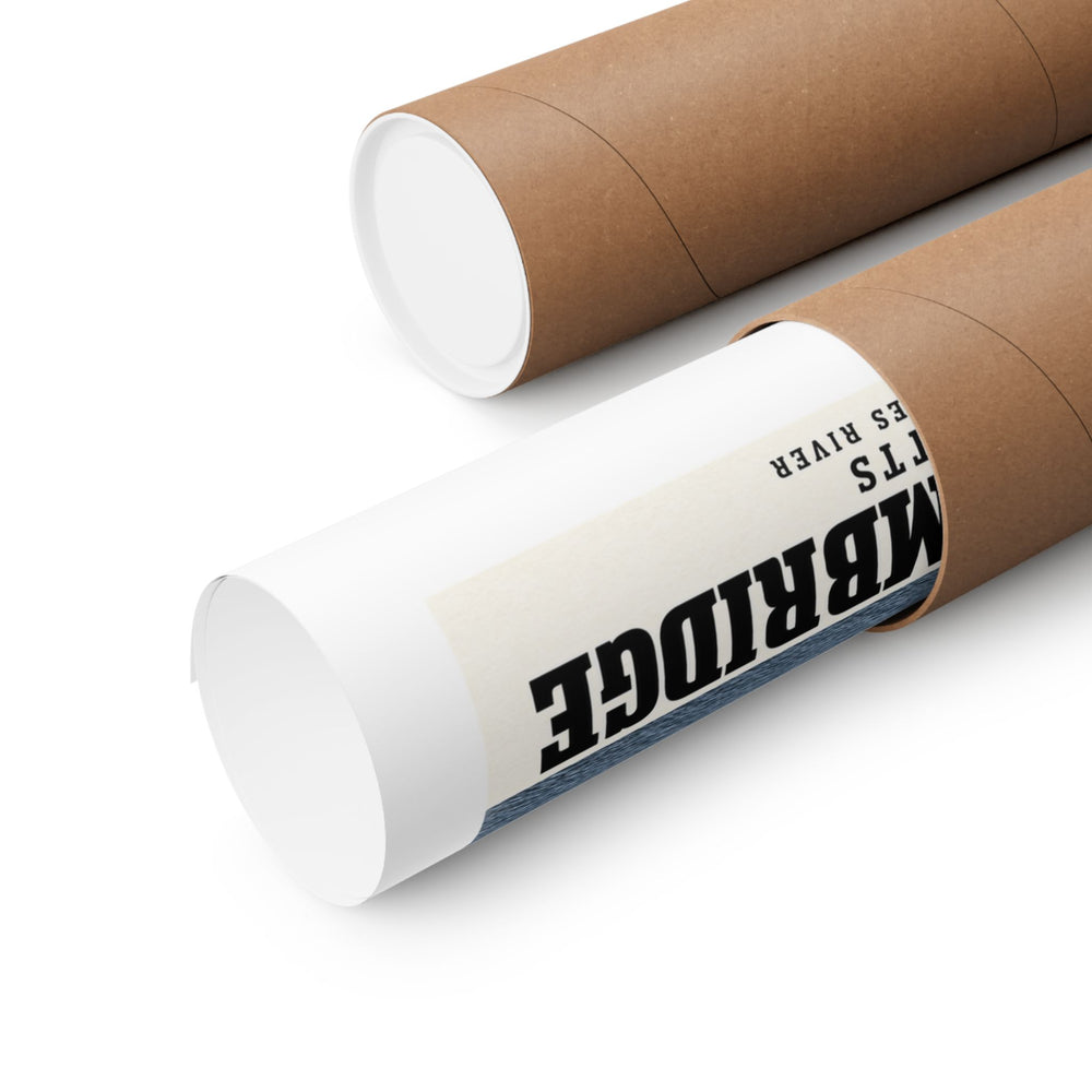 Partly rolled poster extending from a cardboard tube with partial Cambridge lettering and a narrow strip of the printed scene visible