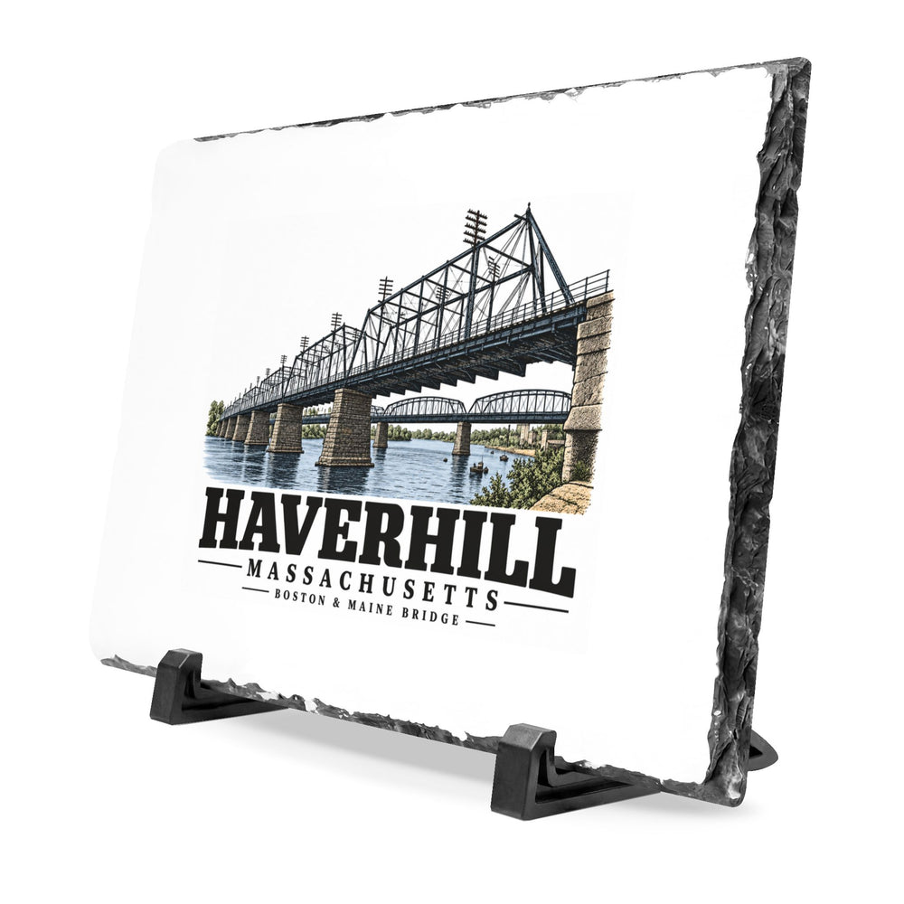 Angled front on display stands of Boston & Maine Bridge slate desk plaque, with Haverhill, Massachusetts artwork and lettering.